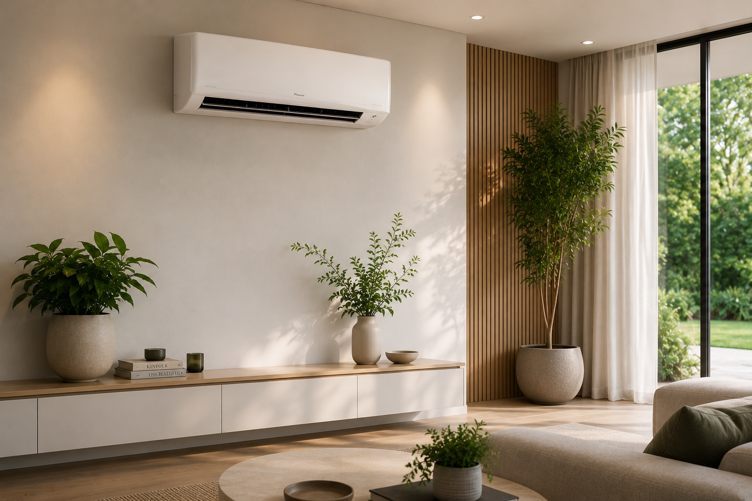 Climatizzatore moderno in soggiorno luminoso con arredi contemporanei