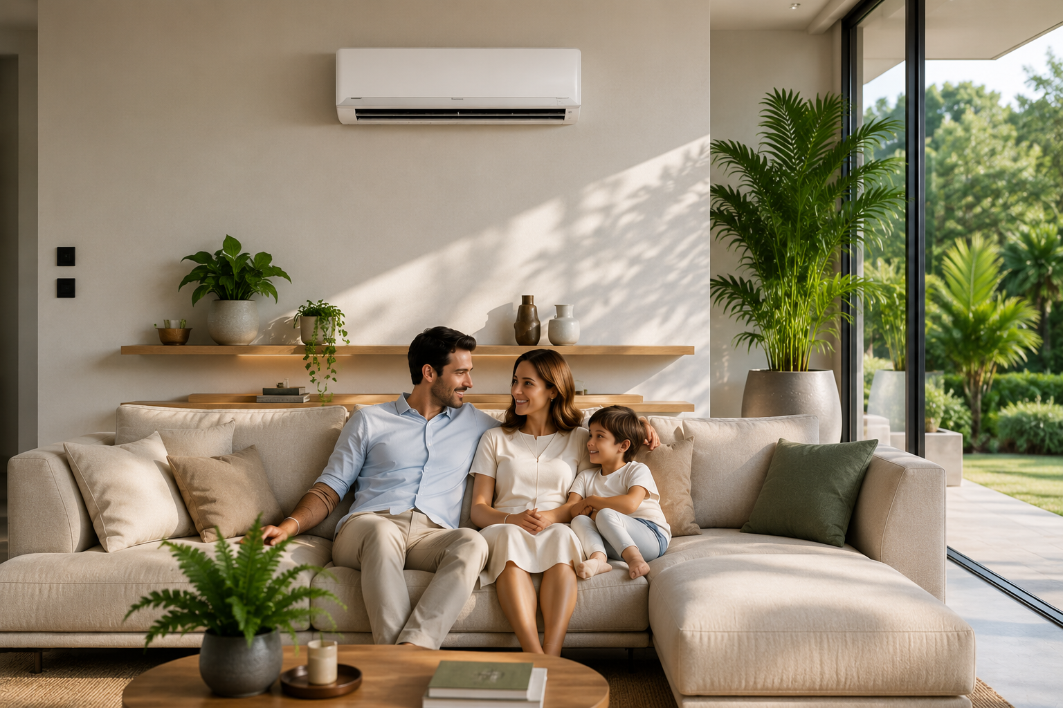 Climatizzatore split bianco in salotto moderno con famiglia rilassata
